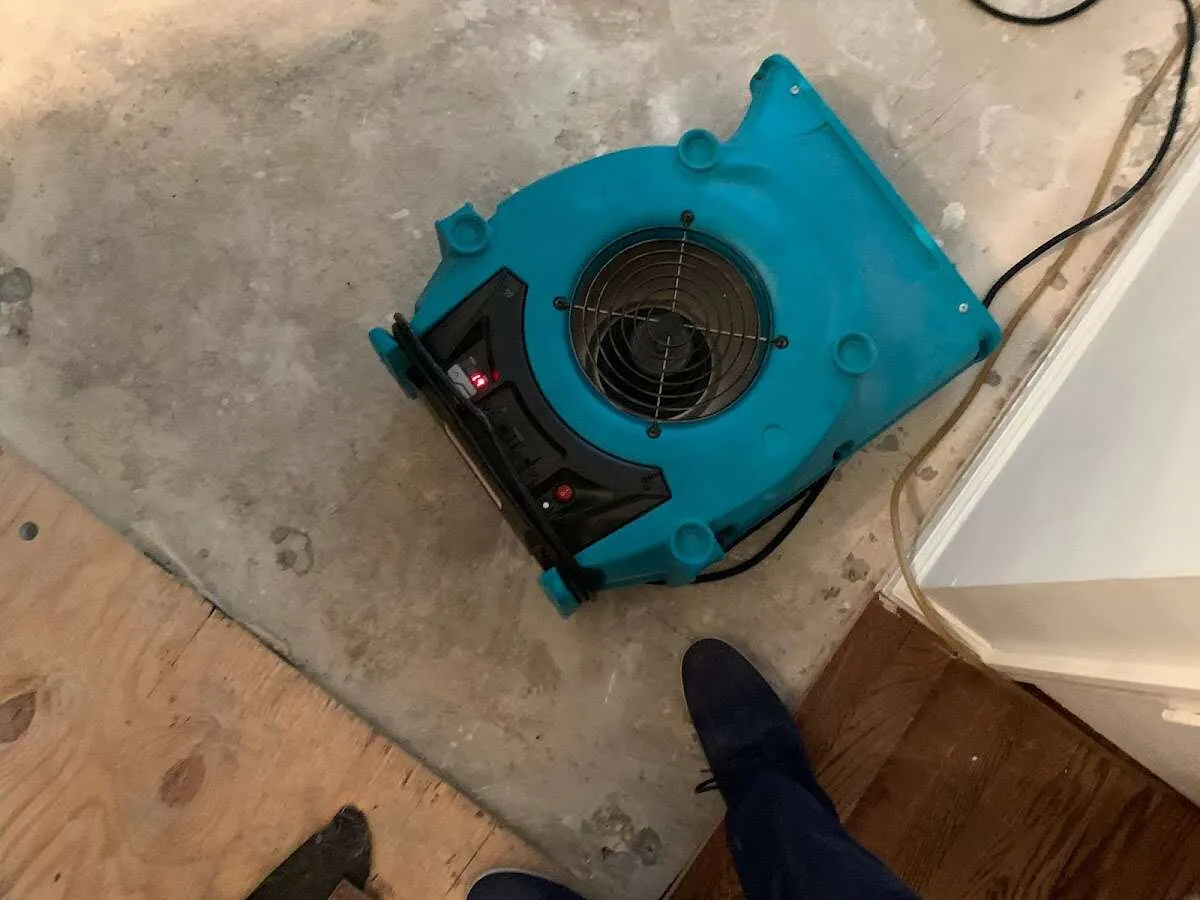 Air mover drying subfloor during Commercial Water Damage Restoration in Waldorf